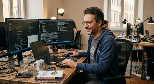 Federico al computer nel suo ambiente di lavoro