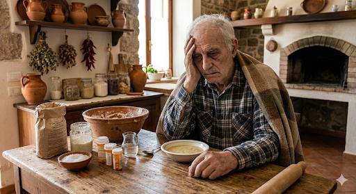 Zio Peppino seduto a un tavolo in cucina